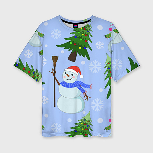 Женская футболка оверсайз Снеговики с новогодними елками паттерн / 3D-принт – фото 1