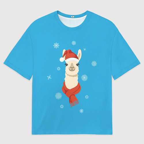 Женская футболка оверсайз Милая лама в красной шляпе и шарфе / 3D-принт – фото 1