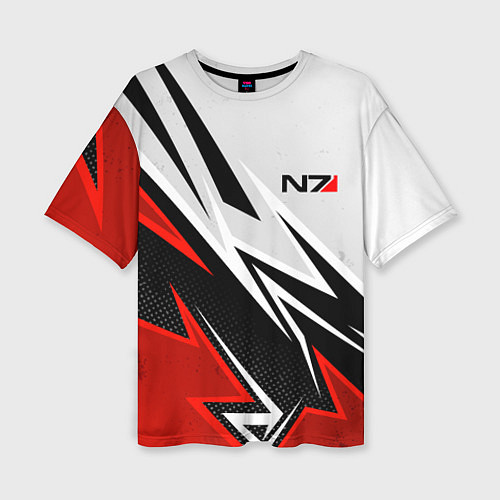 Женская футболка оверсайз N7 mass effect - white and red / 3D-принт – фото 1
