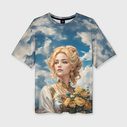 Женская футболка оверсайз Девушка славянка с букетом цветов
