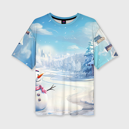 Женская футболка оверсайз Новогодний пейзаж снеговик / 3D-принт – фото 1