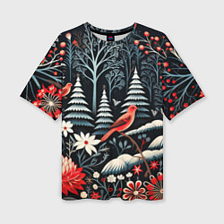 Женская футболка оверсайз Новогодний лес и птицы