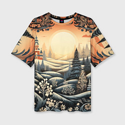 Женская футболка оверсайз Зимний предновогодний пейзаж