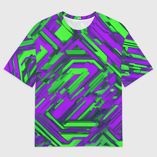 Женская футболка оверсайз Кибкрпанк полосы фиолетовые и зелёные / 3D-принт – фото 1