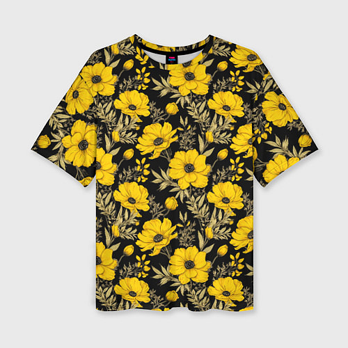 Женская футболка оверсайз Желтые цветы на черном фоне паттерн / 3D-принт – фото 1