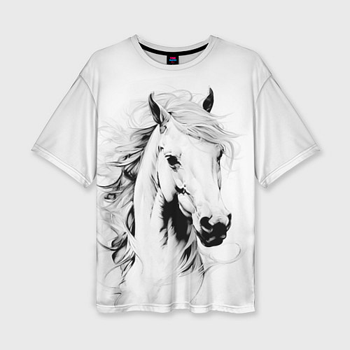 Женская футболка оверсайз Лошадь белая на ветру / 3D-принт – фото 1