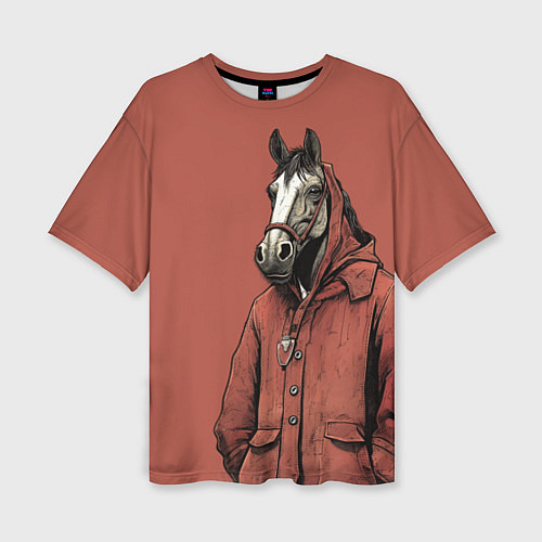 Женская футболка оверсайз Конь в красном пальто / 3D-принт – фото 1