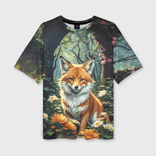 Женская футболка оверсайз Лисица в лесу в цветах / 3D-принт – фото 1