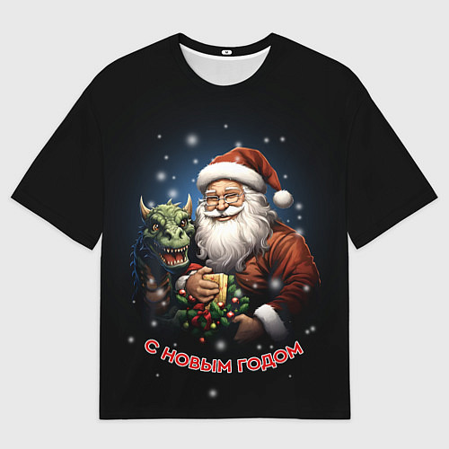 Женская футболка оверсайз Дед мороз с драконом / 3D-принт – фото 1