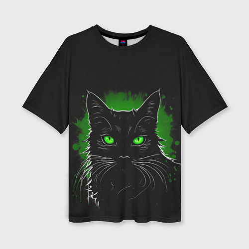 Женская футболка оверсайз Портрет черного кота в зеленом свечении / 3D-принт – фото 1