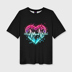 Женская футболка оверсайз Разбитое сердце с линией пульса со свечением