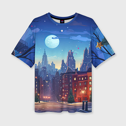 Женская футболка оверсайз Ночной новогодний город / 3D-принт – фото 1