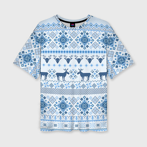 Женская футболка оверсайз Blue sweater with reindeer / 3D-принт – фото 1