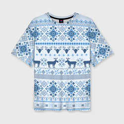 Женская футболка оверсайз Blue sweater with reindeer