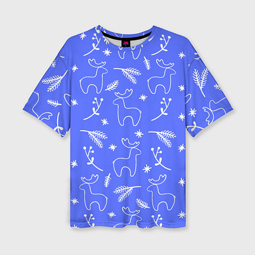 Женская футболка оверсайз Синий рождественский принт с оленями / 3D-принт – фото 1