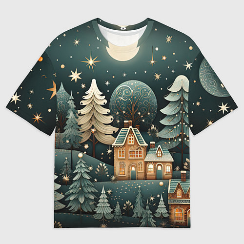 Женская футболка оверсайз Снежная деревня в праздничном наряде / 3D-принт – фото 1