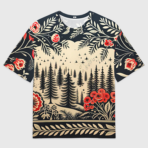 Женская футболка оверсайз Новогодний лес с узорами / 3D-принт – фото 1