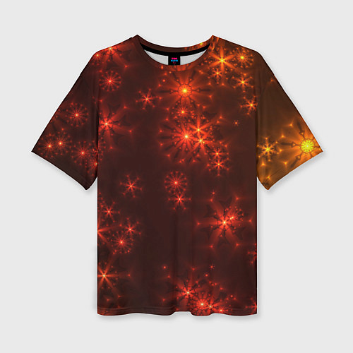 Женская футболка оверсайз Абстрактные светящиеся красно оранжевые снежинки / 3D-принт – фото 1