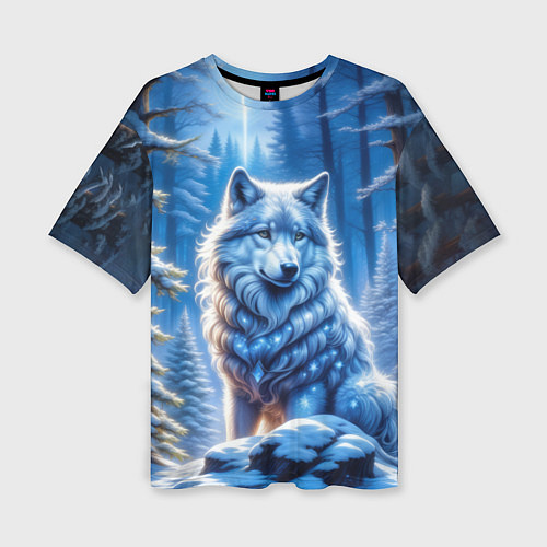 Женская футболка оверсайз Волк в зимнем ночном лесу / 3D-принт – фото 1
