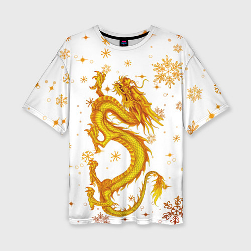 Женская футболка оверсайз Золотой дракон в снежинках / 3D-принт – фото 1