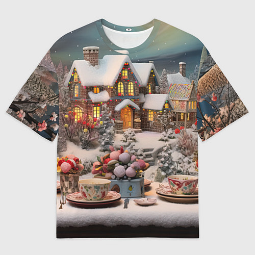 Женская футболка оверсайз Объемные новогодние домики / 3D-принт – фото 1