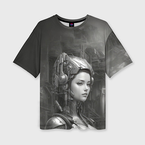 Женская футболка оверсайз Черно-белая иллюстрация девушки в шлеме / 3D-принт – фото 1