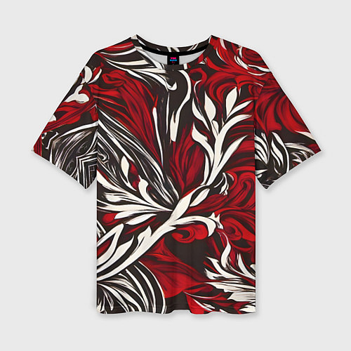 Женская футболка оверсайз Красно белый узор на чёрном фоне / 3D-принт – фото 1