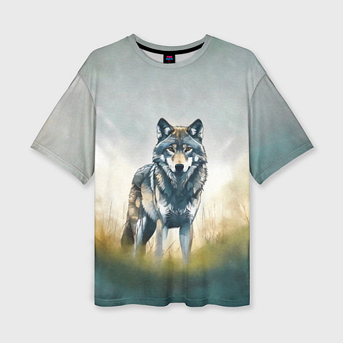 Женская футболка оверсайз Минималистичный пейзаж с волком акварель / 3D-принт – фото 1