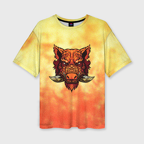 Женская футболка оверсайз Огненный дикий кабан на фоне пламени / 3D-принт – фото 1
