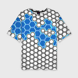 Женская футболка оверсайз Синяя энерго-броня из шестиугольников