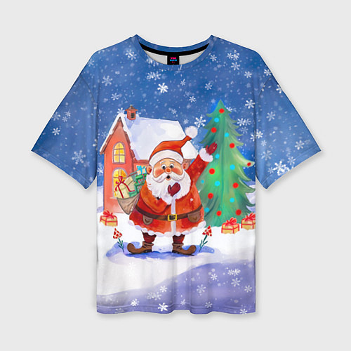 Женская футболка оверсайз Дед Мороз с мешком и елкой / 3D-принт – фото 1