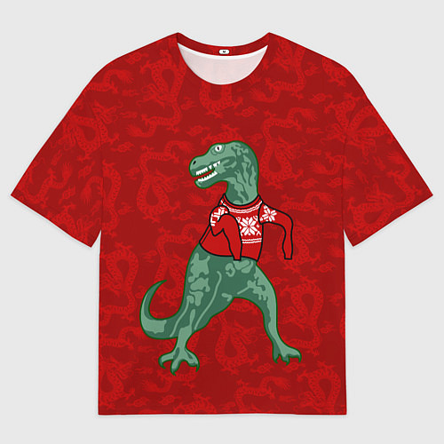 Женская футболка оверсайз Динозавр в свитере - новогодние драконы / 3D-принт – фото 1