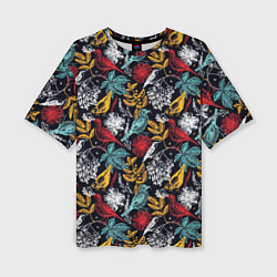 Женская футболка оверсайз Разноцветные лесные птицы