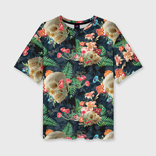 Женская футболка оверсайз Узор из черепов с цветами и листьями / 3D-принт – фото 1
