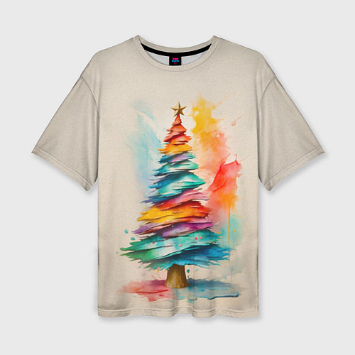 Женская футболка оверсайз Новогодняя ель акварелью на холсте / 3D-принт – фото 1