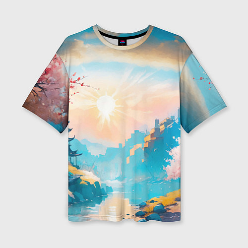 Женская футболка оверсайз Японский город вдали и цветущая Сакура у реки / 3D-принт – фото 1
