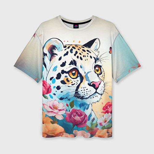Женская футболка оверсайз Мультяшный леопард в цветах / 3D-принт – фото 1
