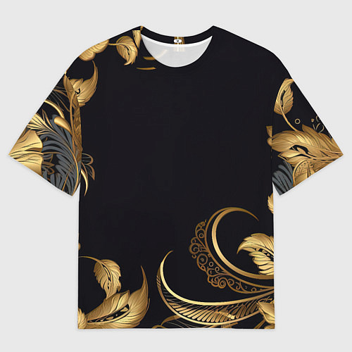 Женская футболка оверсайз Золотистые объемные листья и узоры / 3D-принт – фото 1