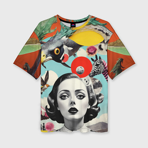 Женская футболка оверсайз Коллаж с женщиной и зверями / 3D-принт – фото 1