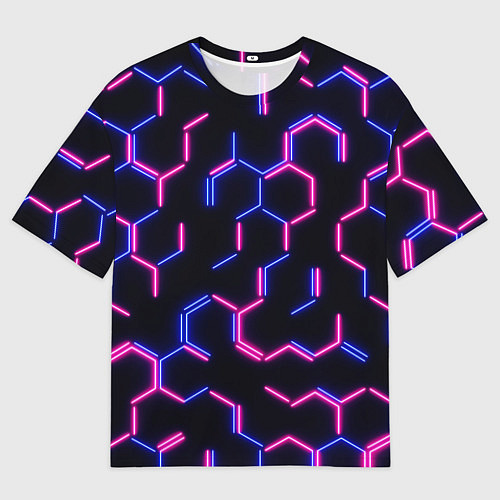 Женская футболка оверсайз Сине-розовые неоновые неполные гексагоны / 3D-принт – фото 1