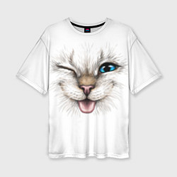 Женская футболка оверсайз Котёнок подмигивает и показывает язык