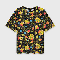 Женская футболка оверсайз Хохломская роспись разноцветные цветы