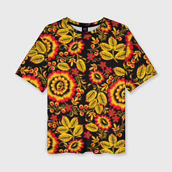 Женская футболка оверсайз Хохломская роспись золотистые листья и цветы чёрно