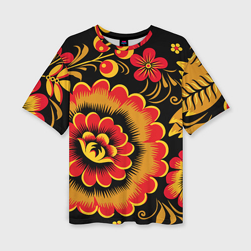 Женская футболка оверсайз Хохломская роспись красно-жёлтые цветы на чёрном ф / 3D-принт – фото 1