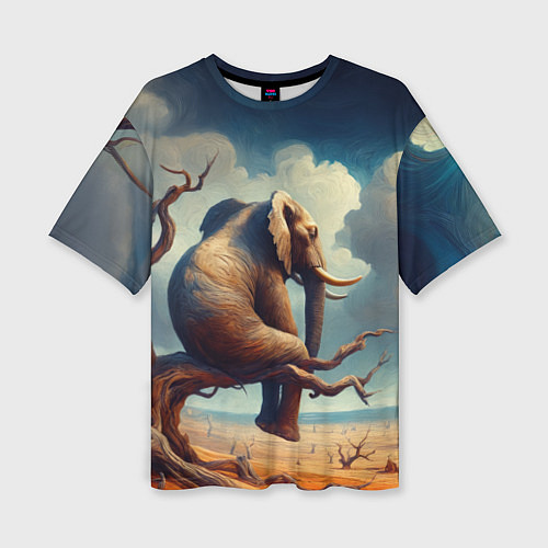 Женская футболка оверсайз Слон сидит на ветке дерева в пустыне / 3D-принт – фото 1