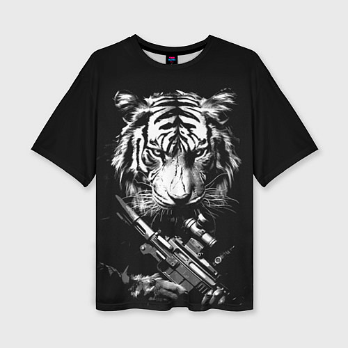 Женская футболка оверсайз Тигр с винтовкой / 3D-принт – фото 1