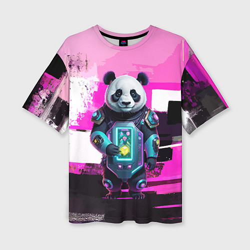 Женская футболка оверсайз Funny panda - cyberpunk / 3D-принт – фото 1