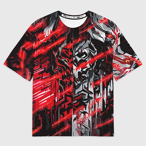 Женская футболка оверсайз Железный череп и красные линии / 3D-принт – фото 1