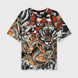 Женская футболка оверсайз Самурай дракон и тигр