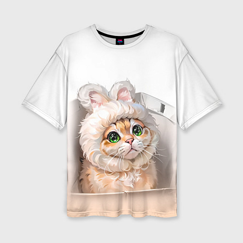 Женская футболка оверсайз Милый кот-мем в шапке с ушками - бежевый градиент / 3D-принт – фото 1